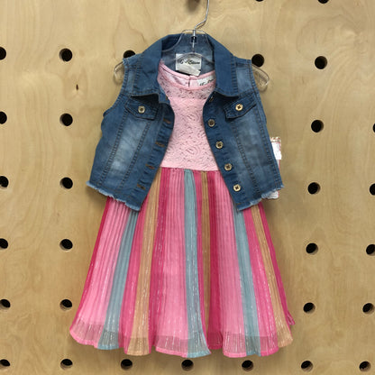 Pink Rainbow Dress +Denim Vest