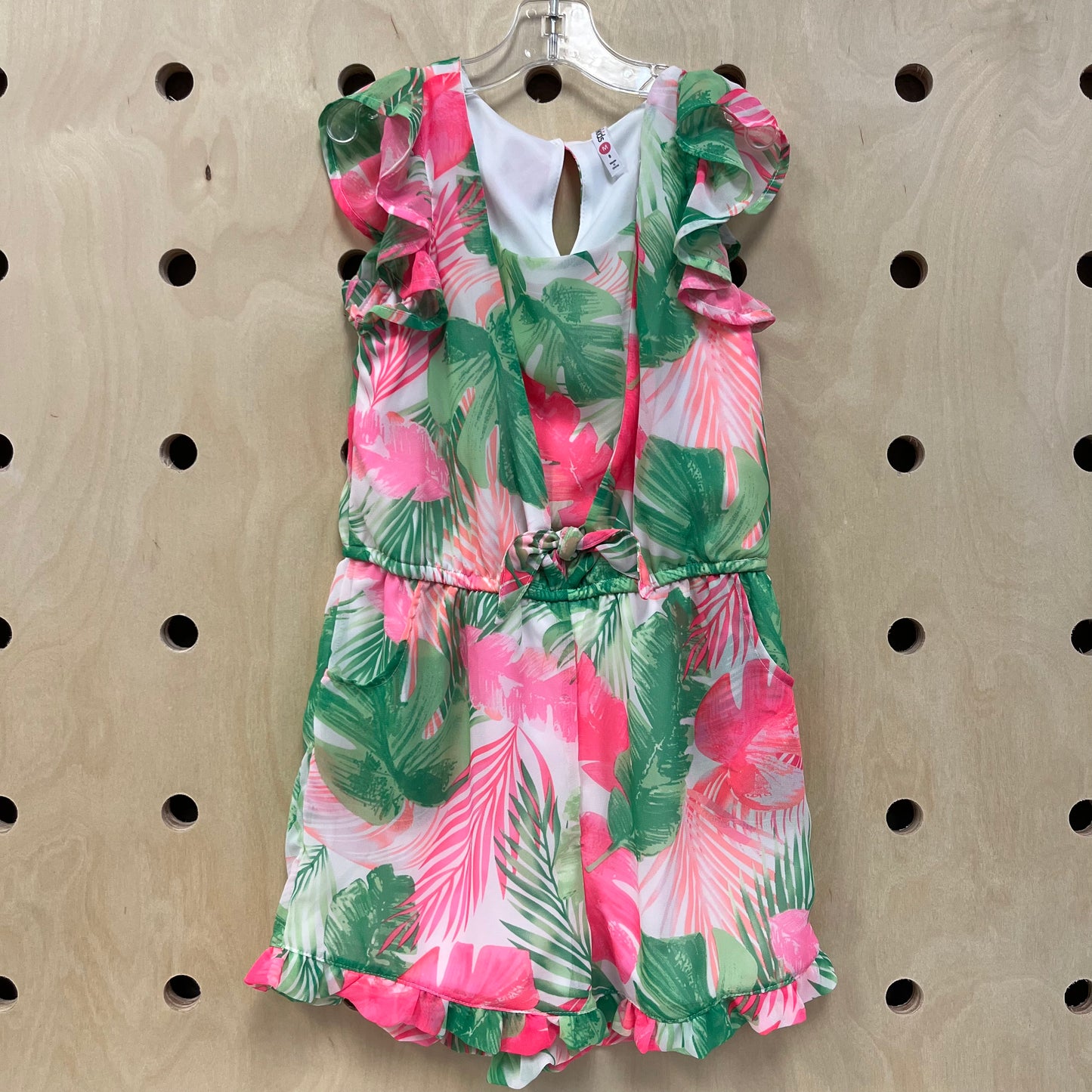 Pink Green Leaf Chiffon Romper
