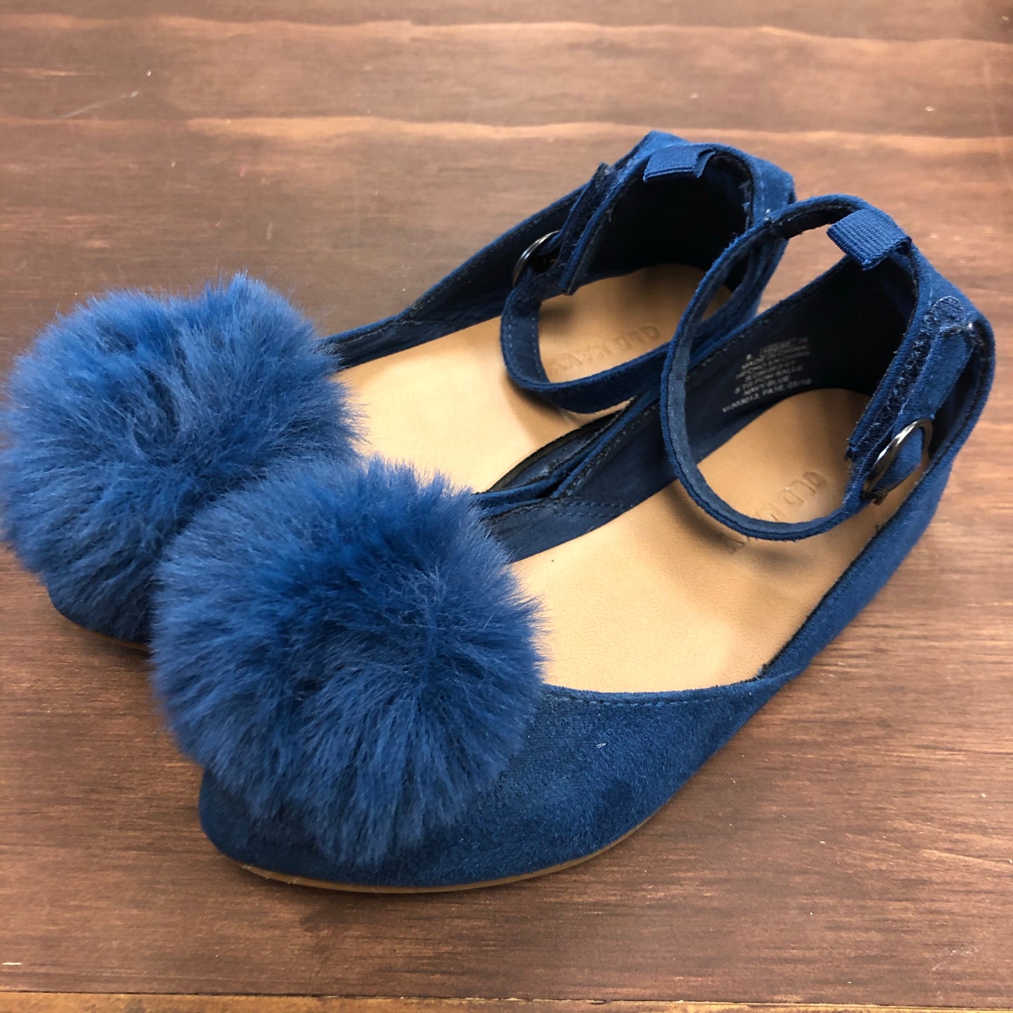 Blue Ankle Strap Poof Flats