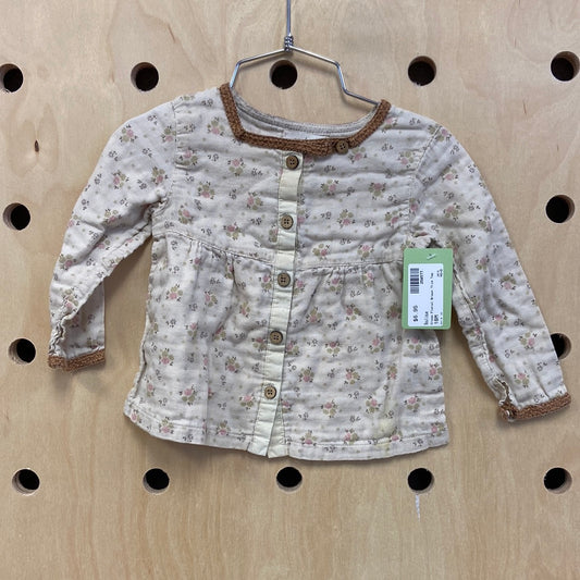 Cream Floral Brown Trim Top