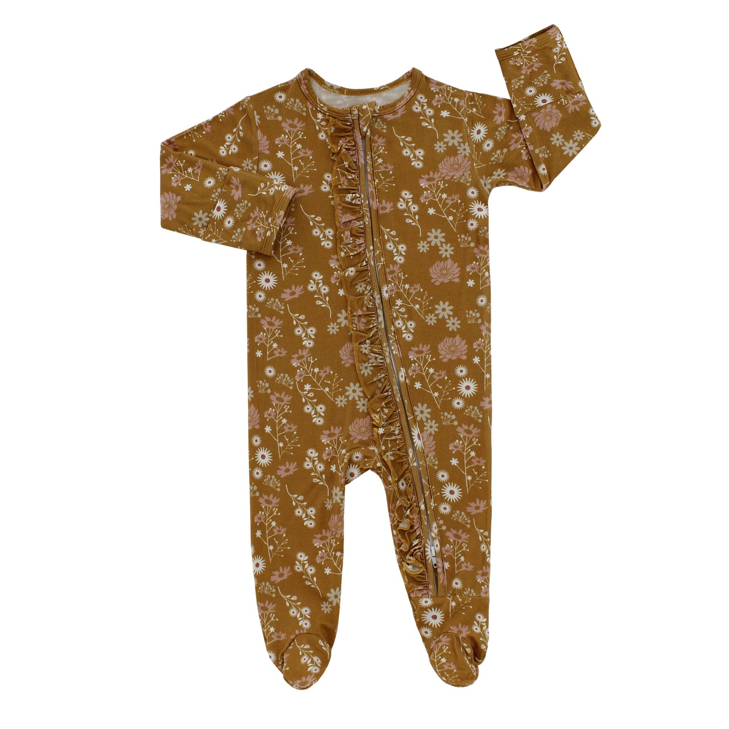 Mustard Floral Bamboo Baby Footed Pajamas
